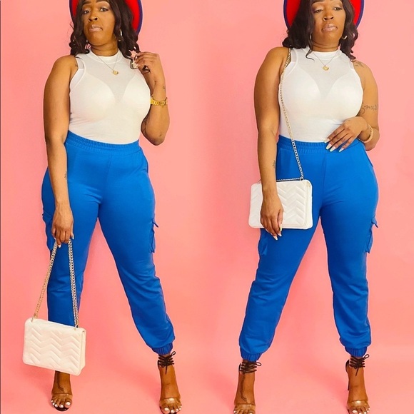 NEW TRENDY ROYAL BLUE FITTED CARGO JOGGER SWEATPANTS - Picture 1 of 3